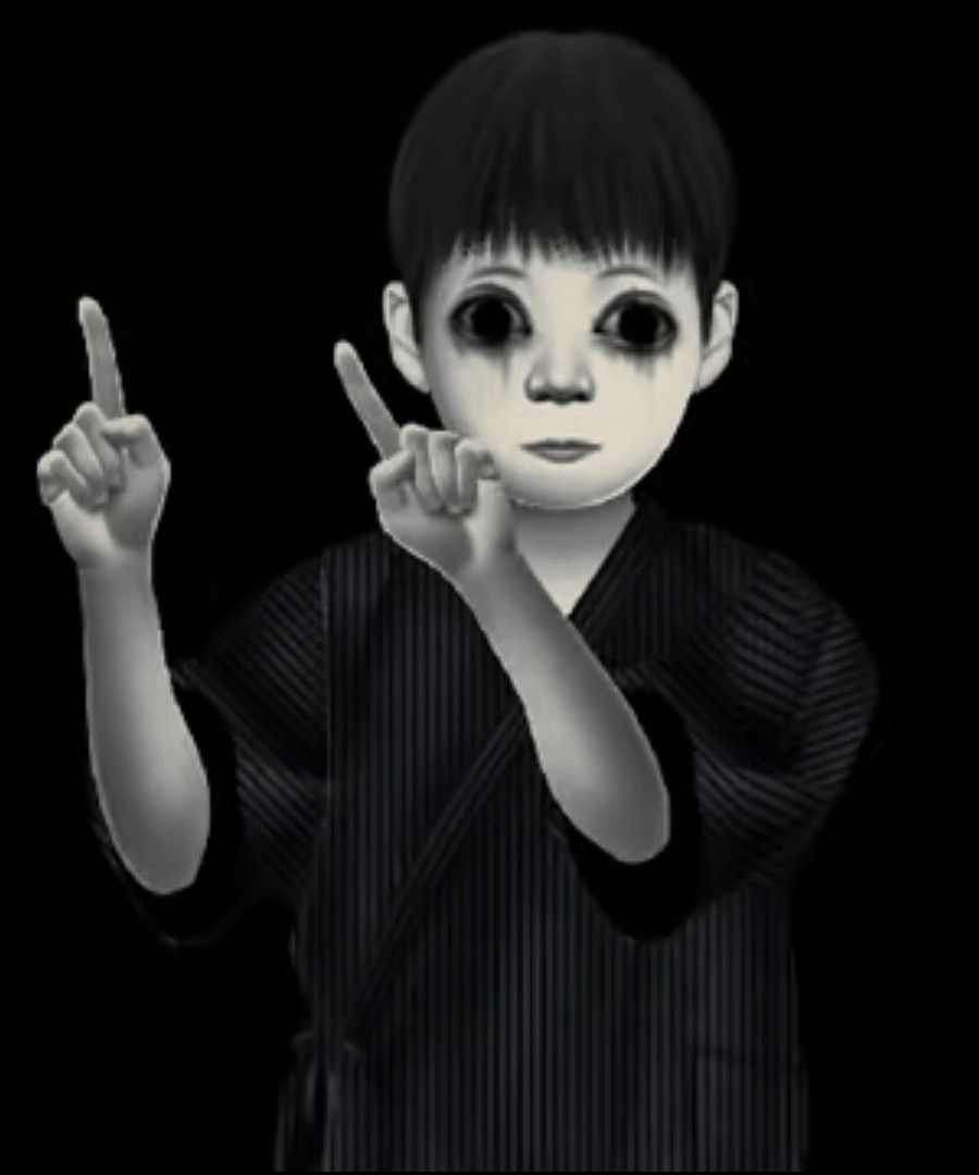 a gif of a greyscale young boy, bobbing his head and pointing upwards to the left.