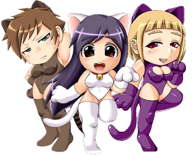 three catgirls. the left has brown hair and ears and is rubbing her neck with an annoyed expression. the middle one has purple hair and white ears and is posing with a wide smile. the right has blonde hair and purple ears and is similarly posing.
