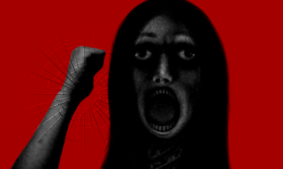 a gif of a woman rapidly banging on the screen. her mouth is open in a scream.